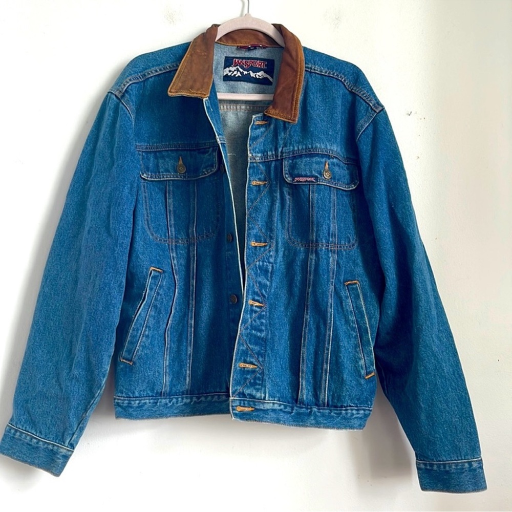 Vintage Jansport leather collar denim jean jacket sz M